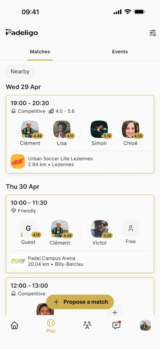 Nearby matches list in Padeligo